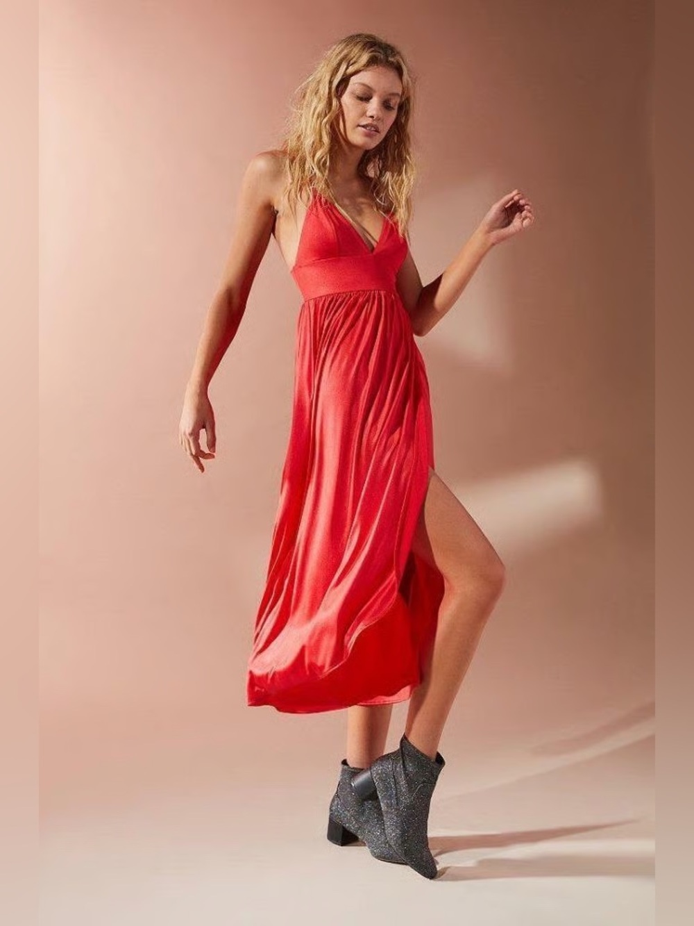 Urban Outfitters Dress Red Satin Midi Faux Wrap Small S
